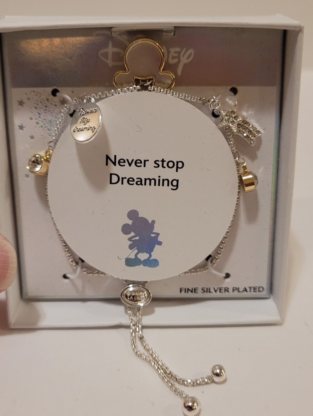 New- Disney "Never Stop Dreaming" Silver Plated Charm Bracelet